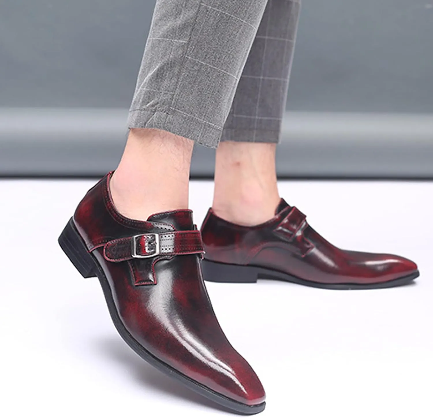 Men's Leather Rubbed Color Chunky Heel Formal Loafers Retro Pointed Metal Monk Buckle Non-Slip One-Step Business Wedding Formal Shoes