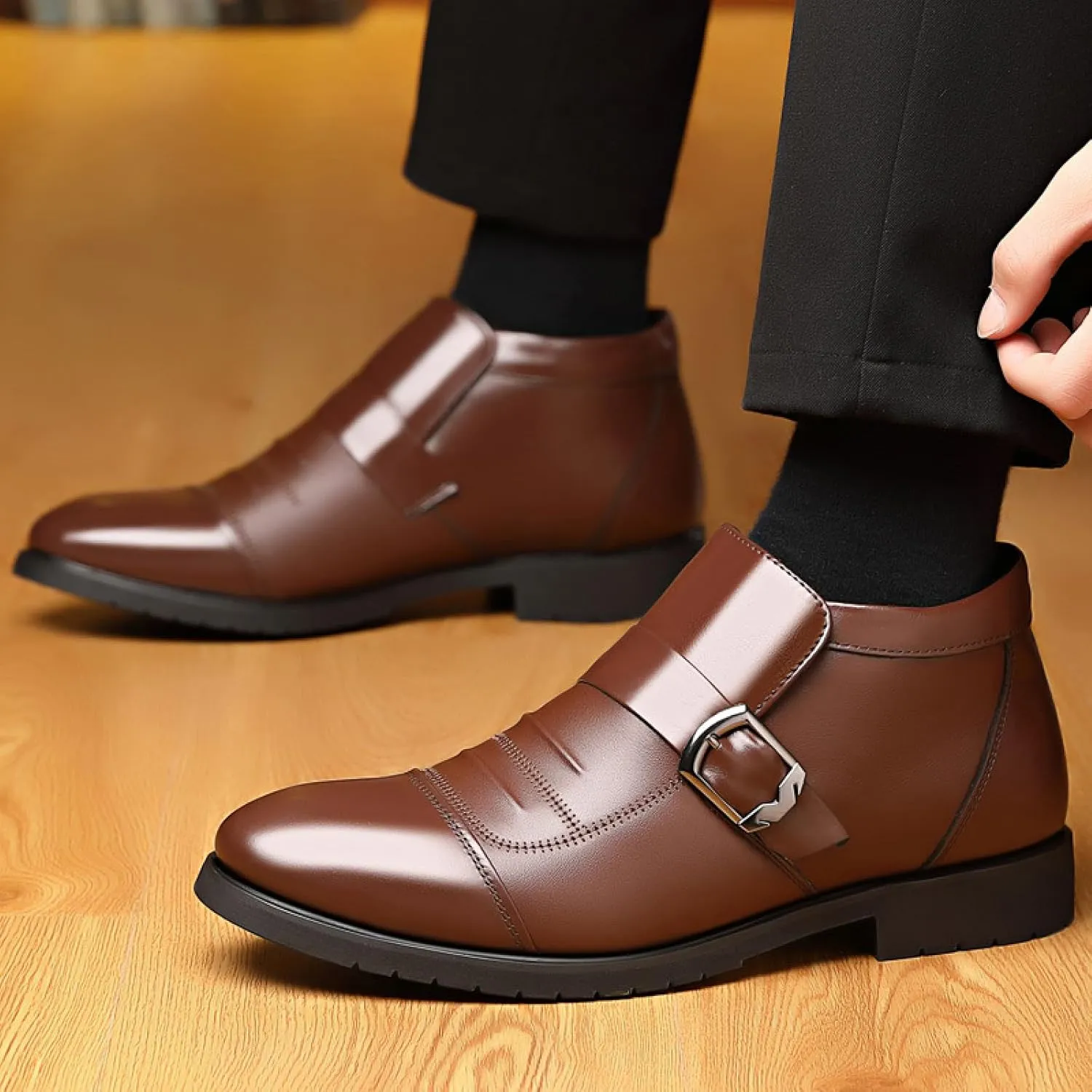 Men'S Monk Strap Formal Warm Loafers Comfortable Pointed Toe Fur Lining Slip On Business Oxfords Winter Office Wedding Formal Cotton Shoes
