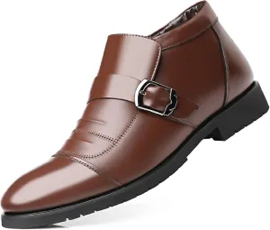 Men'S Monk Strap Formal Warm Loafers Comfortable Pointed Toe Fur Lining Slip On Business Oxfords Winter Office Wedding Formal Cotton Shoes