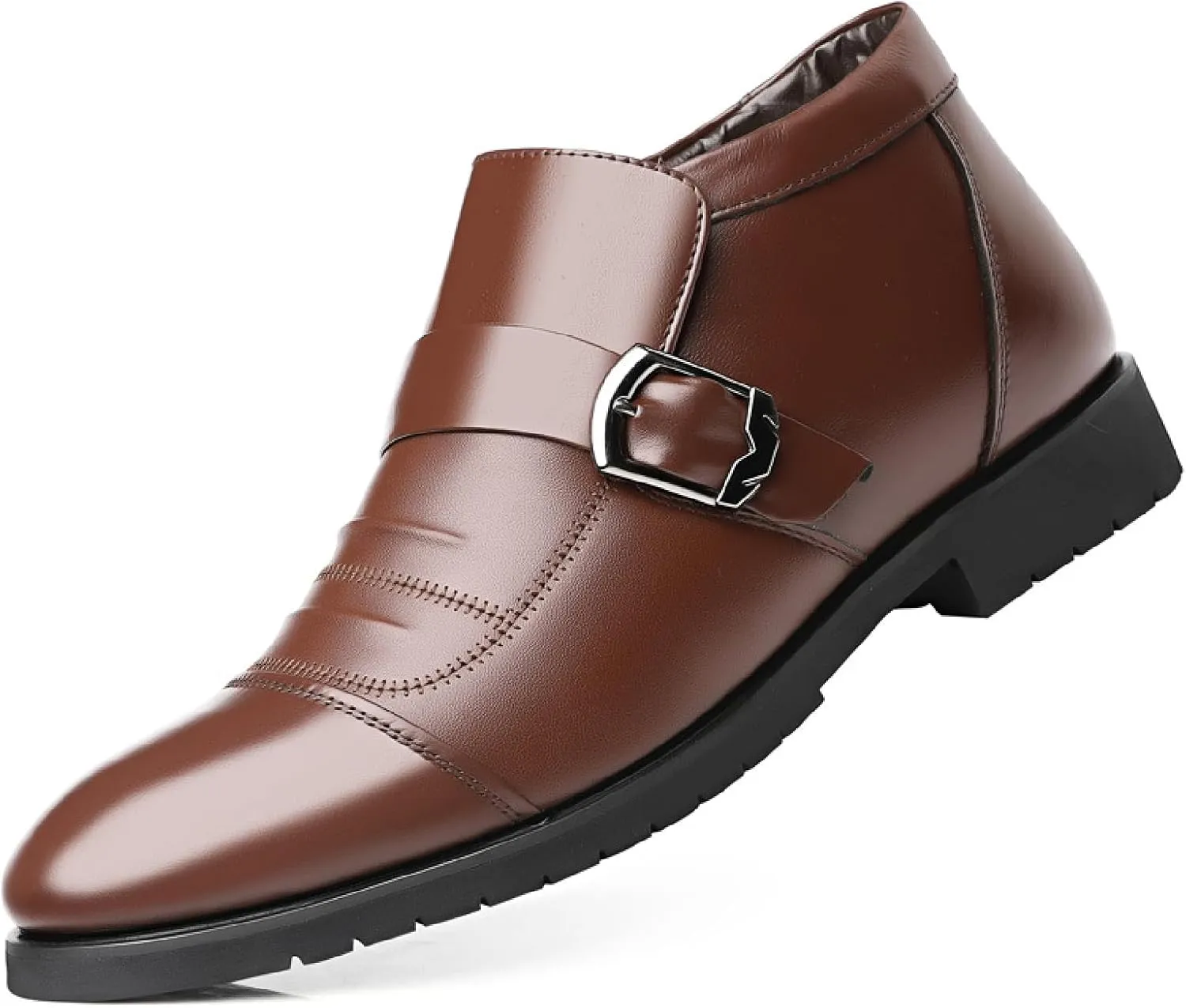 Men'S Monk Strap Formal Warm Loafers Comfortable Pointed Toe Fur Lining Slip On Business Oxfords Winter Office Wedding Formal Cotton Shoes