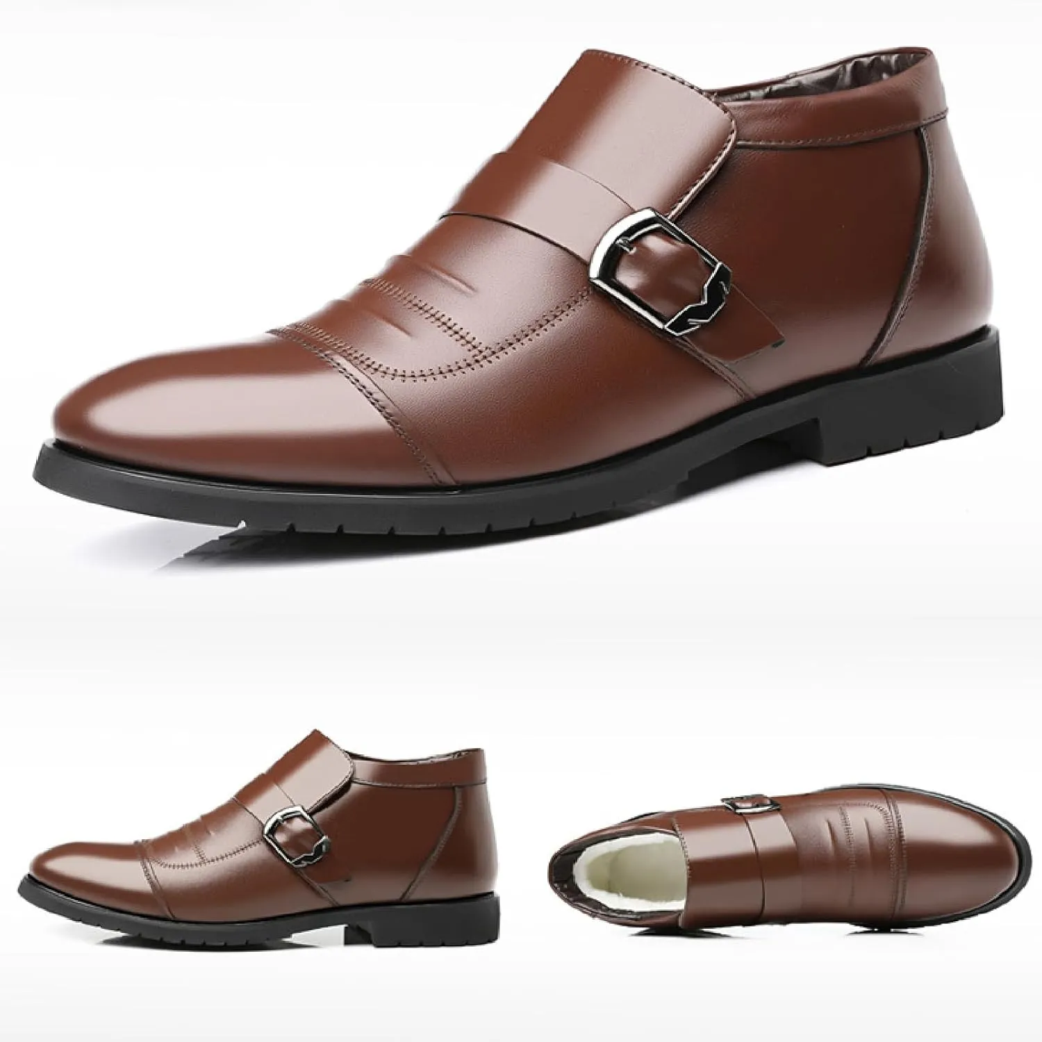 Men'S Monk Strap Formal Warm Loafers Comfortable Pointed Toe Fur Lining Slip On Business Oxfords Winter Office Wedding Formal Cotton Shoes