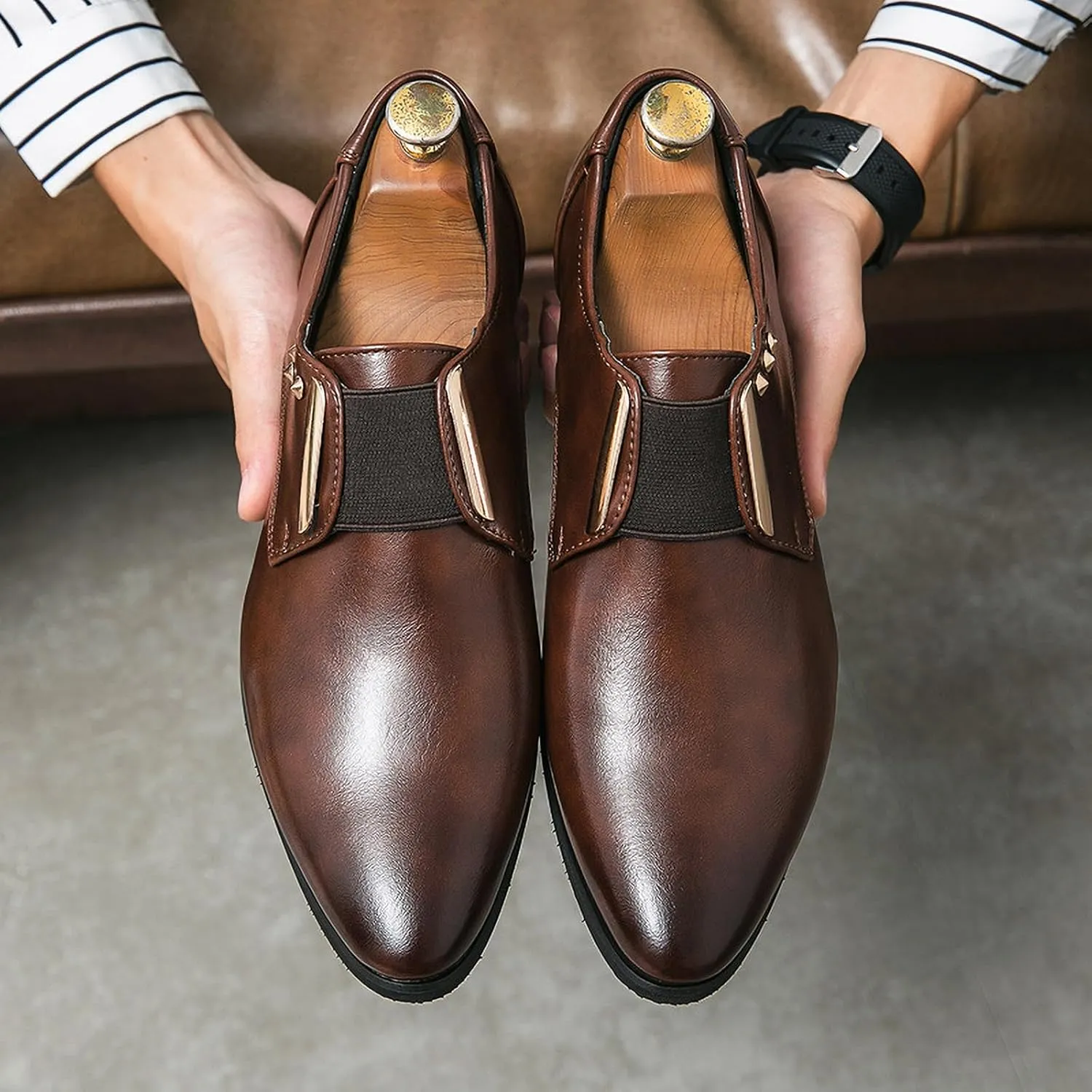 Men's Oxford Formal Classic Luxury Dress | Elastic Straps | Low Heel | Business & Wedding Leather