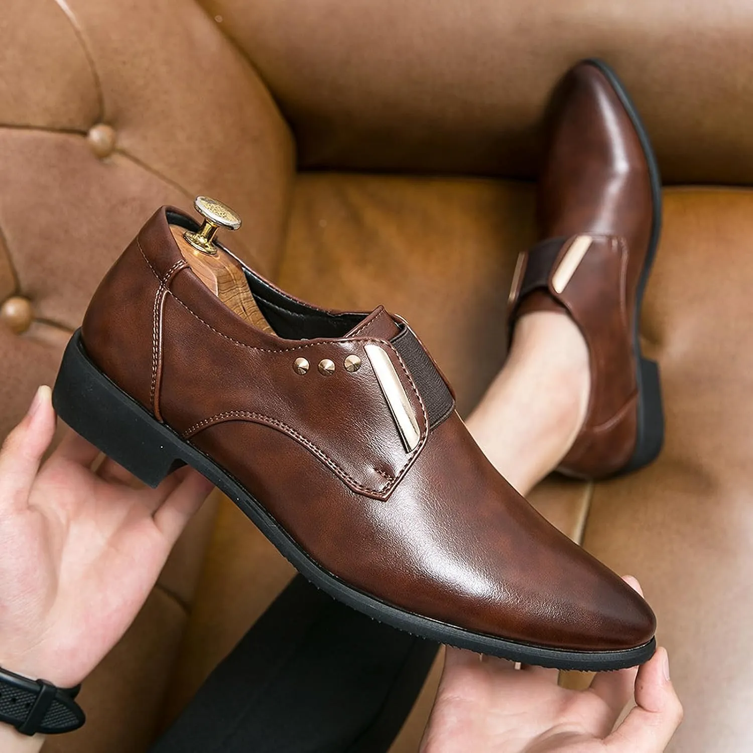 Men's Oxford Formal Classic Luxury Dress | Elastic Straps | Low Heel | Business & Wedding Leather
