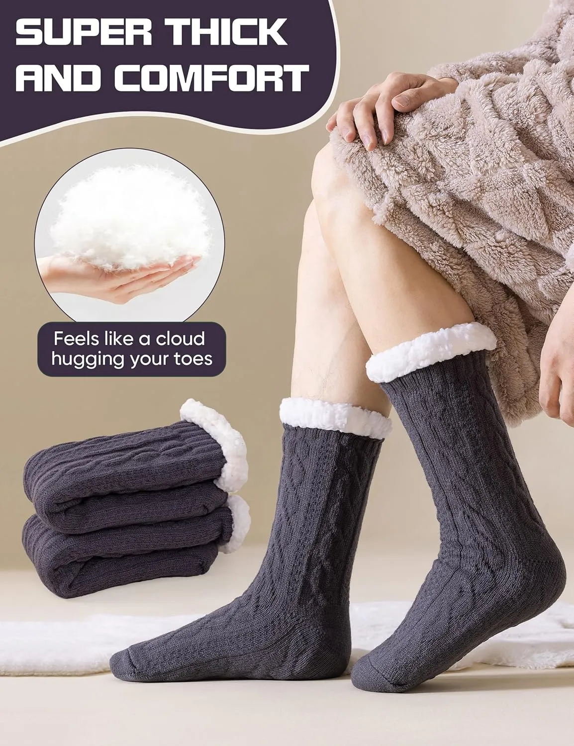Mens Slipper Socks Winter Warm Fluffy Thick Heavy Thermal Fleece Lined Non Slip Home Socks