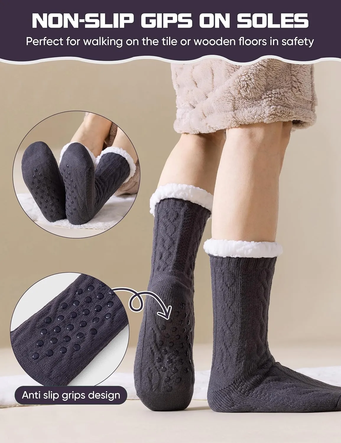 Mens Slipper Socks Winter Warm Fluffy Thick Heavy Thermal Fleece Lined Non Slip Home Socks