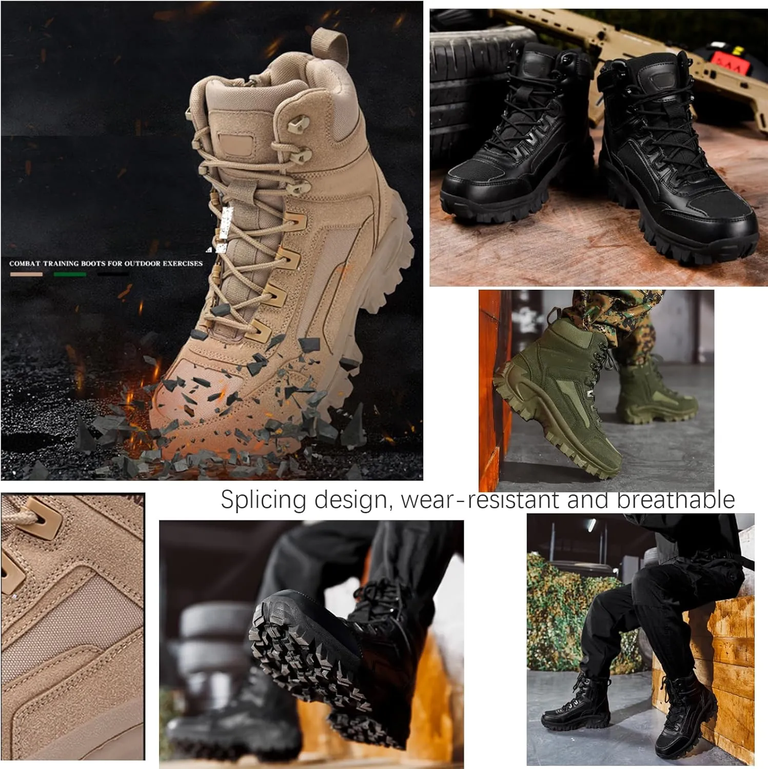 Men's Waterproof Side Zipper Outdoor Combat Boots,Tactical Boots, Men's Military Tactical Work Boots Side Zipper Lightweight and Comfortable Orthopedic Hiking Motorcycle Combat Boots