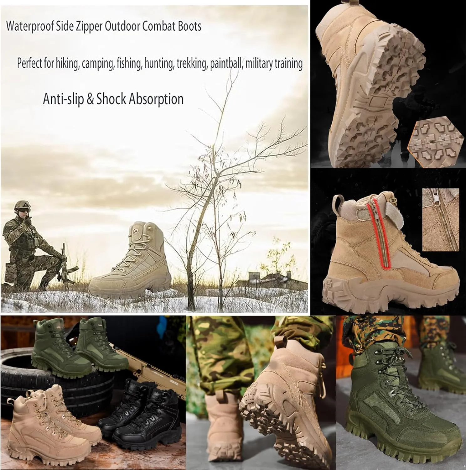 Men's Waterproof Side Zipper Outdoor Combat Boots,Tactical Boots, Men's Military Tactical Work Boots Side Zipper Lightweight and Comfortable Orthopedic Hiking Motorcycle Combat Boots