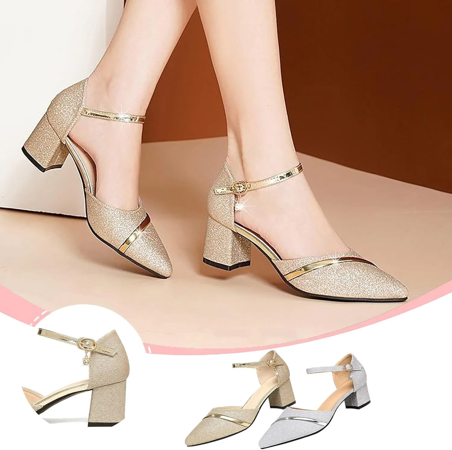 Mid Heels for Women Buckle Mid Heel Heels Dress Pumps Wedding Evening Formal Elegant Shoes Closed Toe Bride Shoes