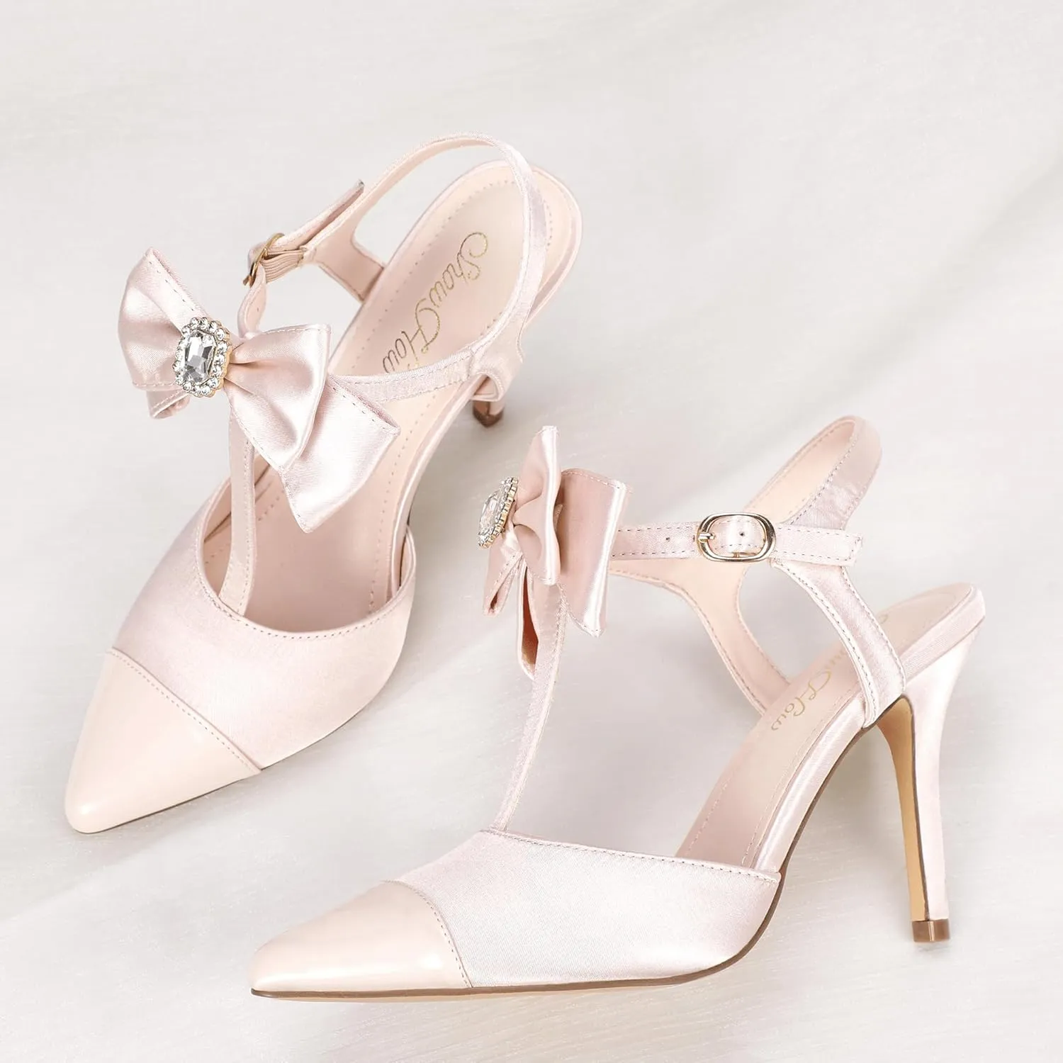 Mofri ShowHow Womens High Heels Closed Splicing Pointed Toe Stiletto Bow Tie Slingback Heeled Shoes Ankle Strap Wedding Pumps Bridal Party Work Dress Shoes