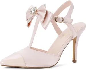 Mofri ShowHow Womens High Heels Closed Splicing Pointed Toe Stiletto Bow Tie Slingback Heeled Shoes Ankle Strap Wedding Pumps Bridal Party Work Dress Shoes