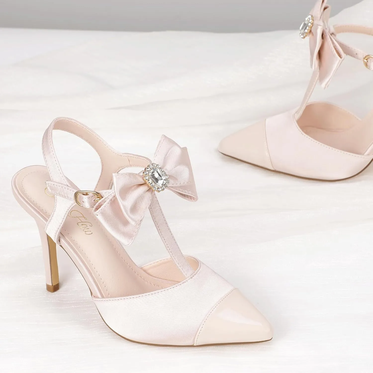 Mofri ShowHow Womens High Heels Closed Splicing Pointed Toe Stiletto Bow Tie Slingback Heeled Shoes Ankle Strap Wedding Pumps Bridal Party Work Dress Shoes