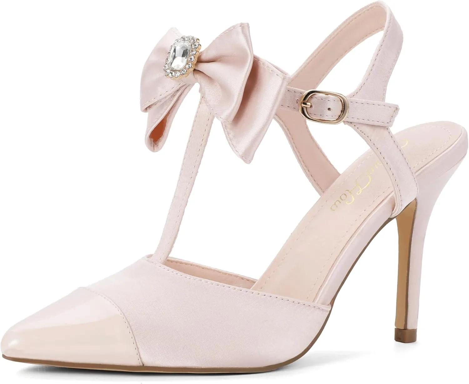 Mofri ShowHow Womens High Heels Closed Splicing Pointed Toe Stiletto Bow Tie Slingback Heeled Shoes Ankle Strap Wedding Pumps Bridal Party Work Dress Shoes