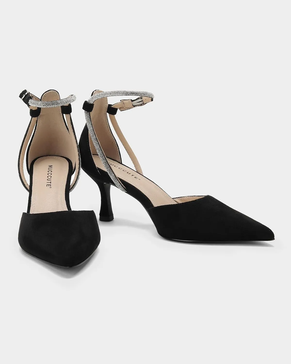 MUCCCUTE Kitten Heels for Women Closed Pointed Toe Heels Rhinestone Ankle Strap Elegant Comfortable Dressy Wedding Party Work Pumps