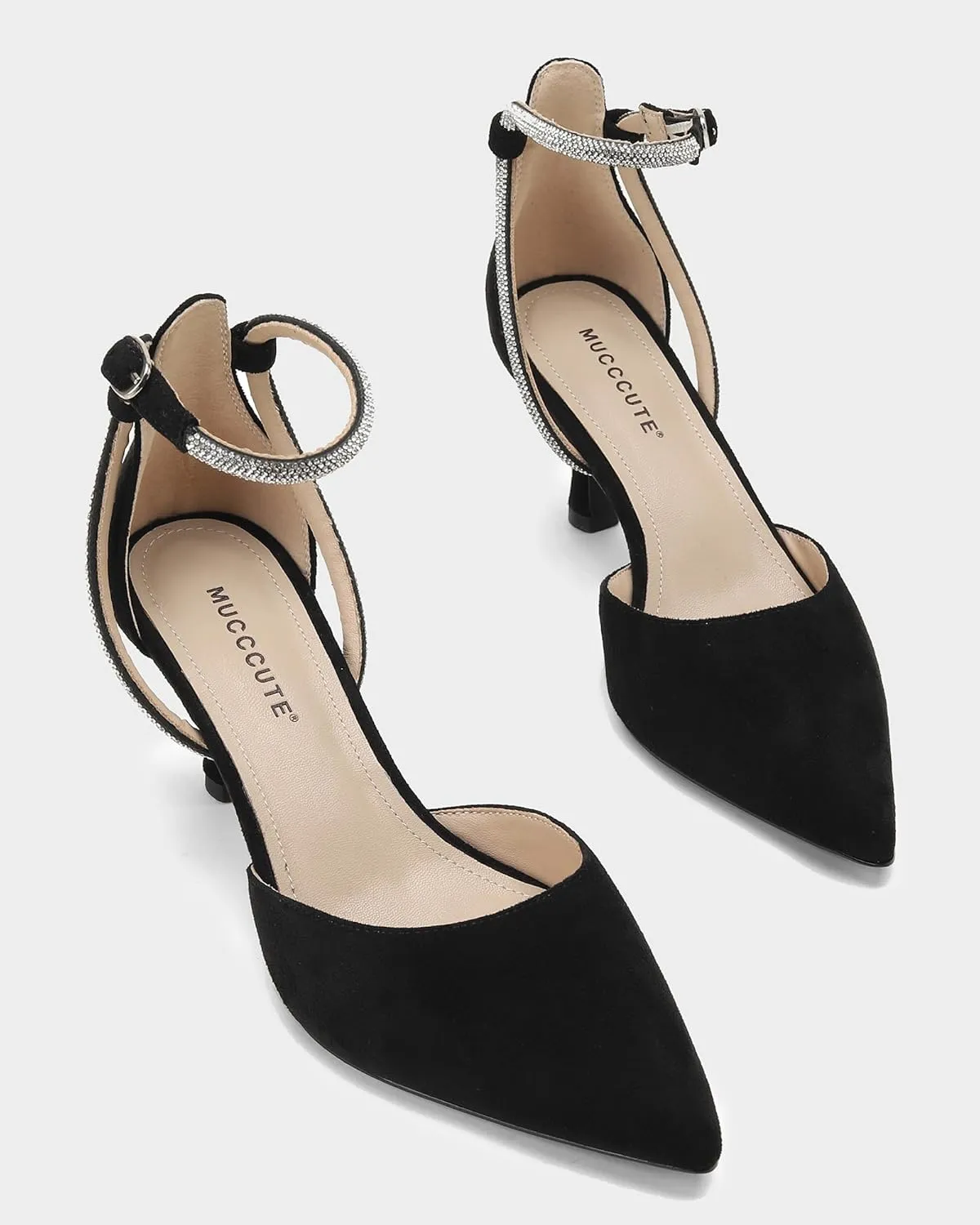 MUCCCUTE Kitten Heels for Women Closed Pointed Toe Heels Rhinestone Ankle Strap Elegant Comfortable Dressy Wedding Party Work Pumps