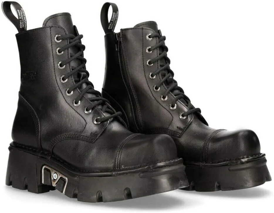 NEW ROCK M-NEWMILI083-S19 COMBAT BOOTS Black Leather Military Biker Shoes