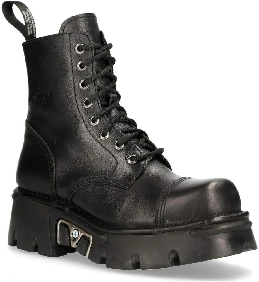 NEW ROCK M-NEWMILI083-S19 COMBAT BOOTS Black Leather Military Biker Shoes