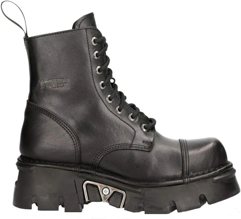 NEW ROCK M-NEWMILI083-S19 COMBAT BOOTS Black Leather Military Biker Shoes
