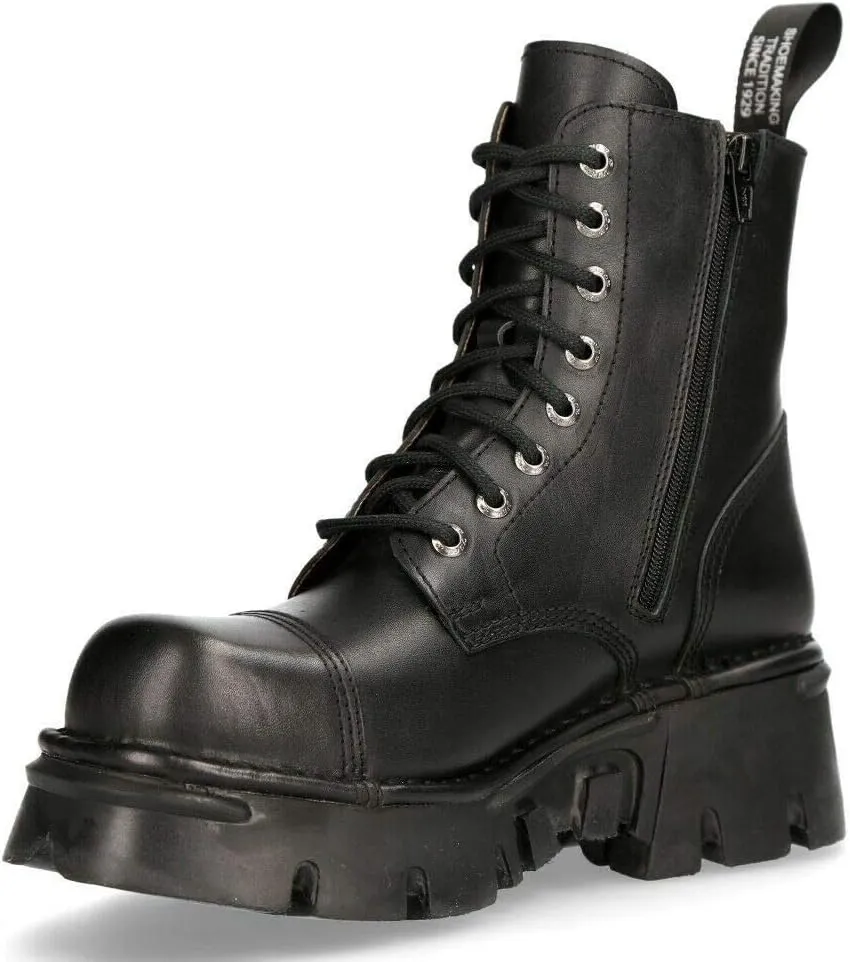 NEW ROCK M-NEWMILI083-S19 COMBAT BOOTS Black Leather Military Biker Shoes