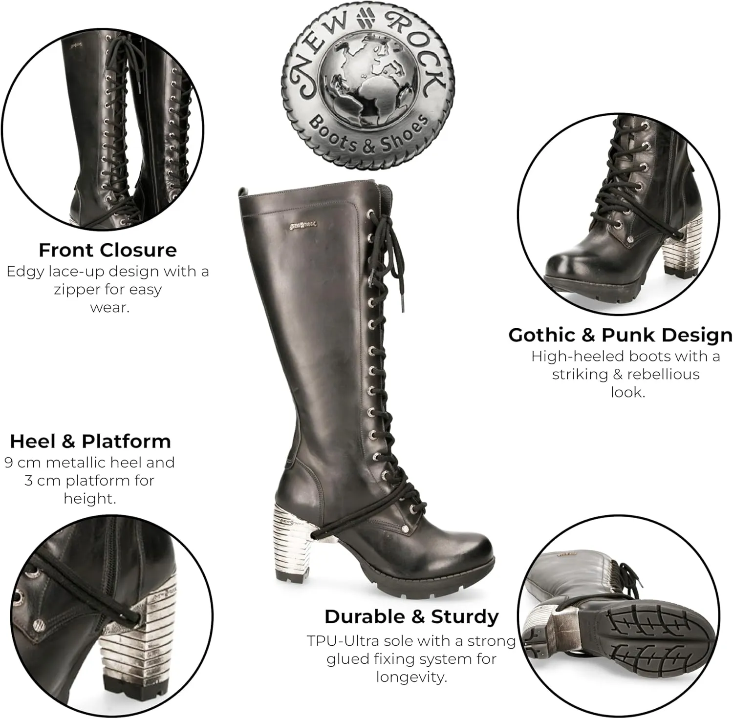 New Rock M-TR005-S1 Ladies Knee High Black Gothic High-Heeled Boots