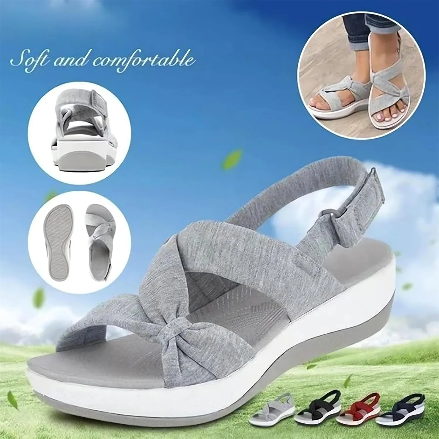 Orthopedic Flats for Women, Women'S Comfortable Slides Sandals Ladies Elegant Bow Strappy Hook And Loop Fastener Shoes Beach Walking Shoes for Summer Outdoor Casual