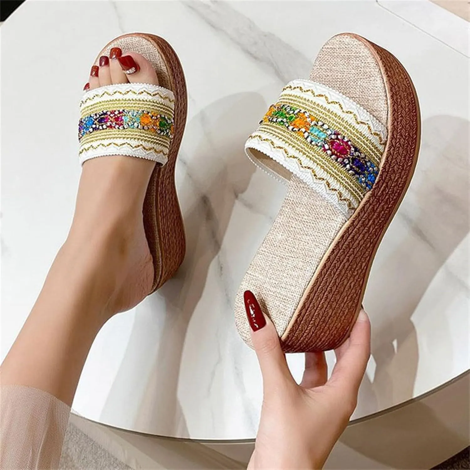 Platform Sandals for Women 2025 Colorful Knitting Strappy Open Toe Wedge Espadrilles Slip On Beach Walking Summer Shoes
