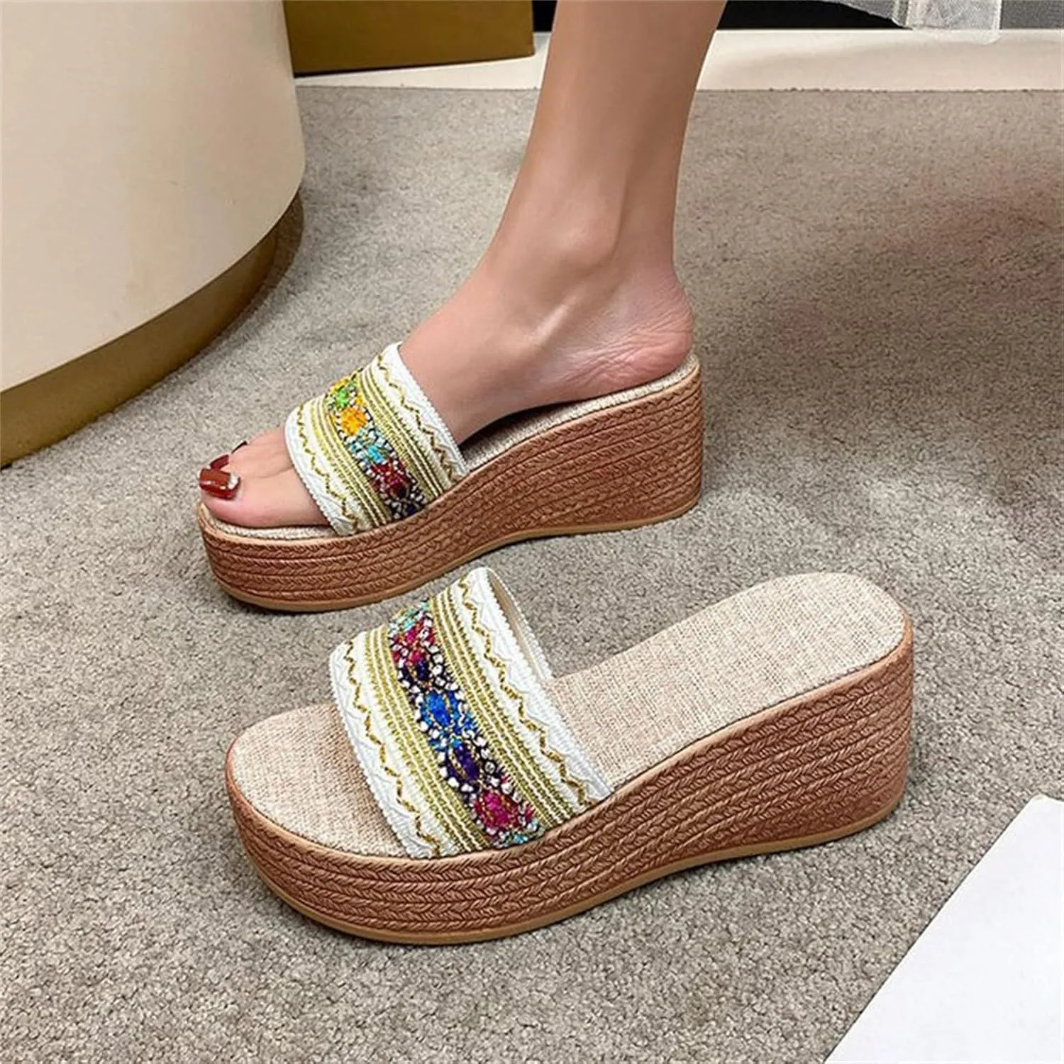 Platform Sandals for Women 2025 Colorful Knitting Strappy Open Toe Wedge Espadrilles Slip On Beach Walking Summer Shoes