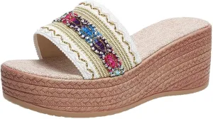 Platform Sandals for Women 2025 Colorful Knitting Strappy Open Toe Wedge Espadrilles Slip On Beach Walking Summer Shoes