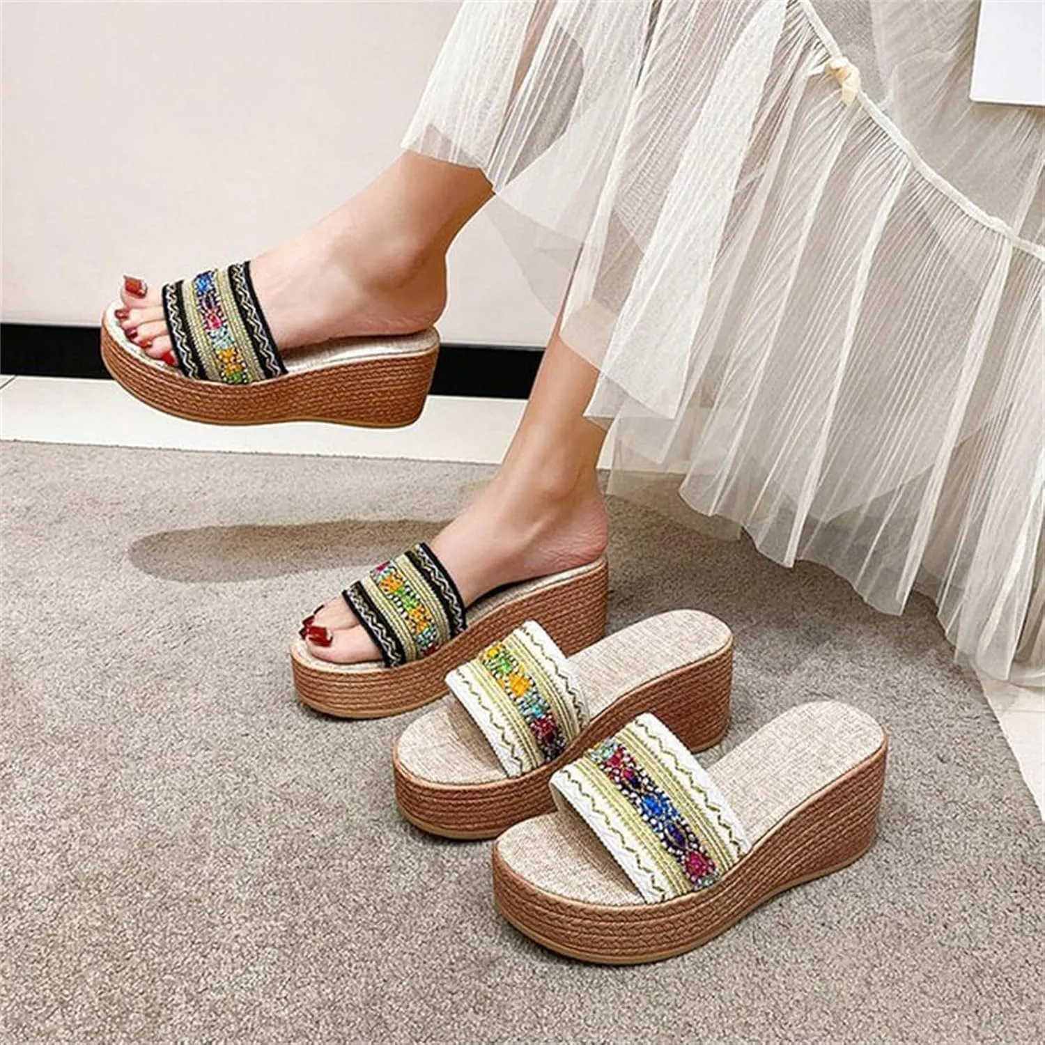 Platform Sandals for Women 2025 Colorful Knitting Strappy Open Toe Wedge Espadrilles Slip On Beach Walking Summer Shoes