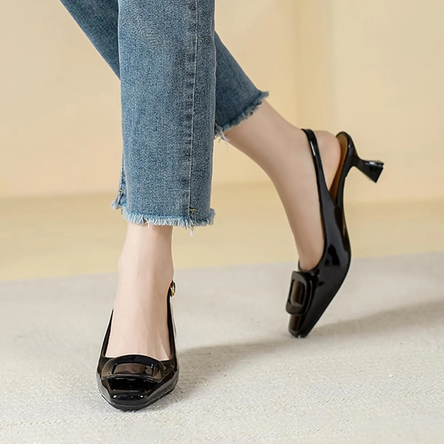 PURCHAWEE Women Slingback Heels Low Kitten Heel Closed Toe Dress Shoes Sexy Elegant Wedding Office Pumps