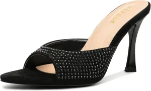 Rhinestone Heels for Women Open Pointed Toe Heels Sparkly Slip On Mule Heels Wedding Dressy Pumps