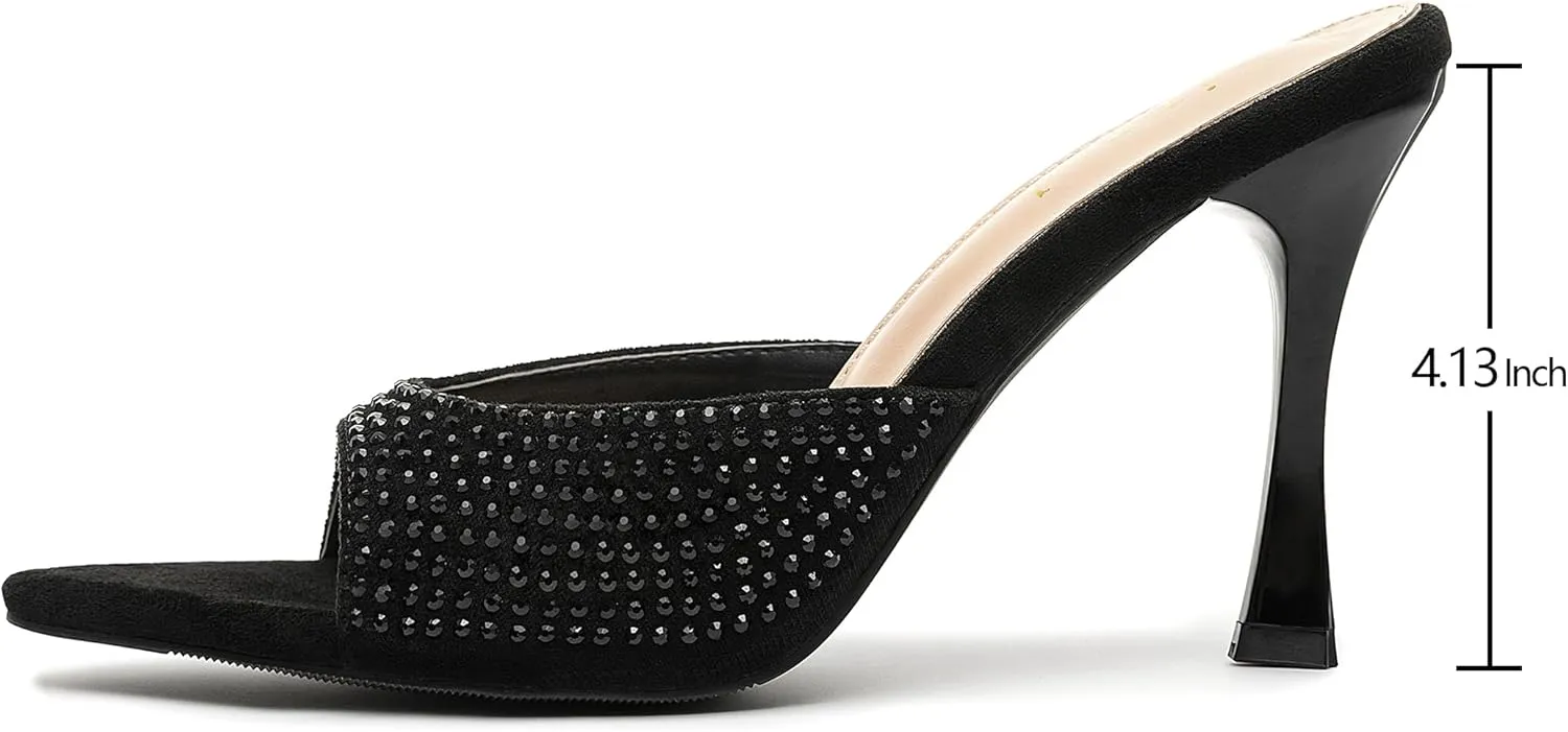 Rhinestone Heels for Women Open Pointed Toe Heels Sparkly Slip On Mule Heels Wedding Dressy Pumps