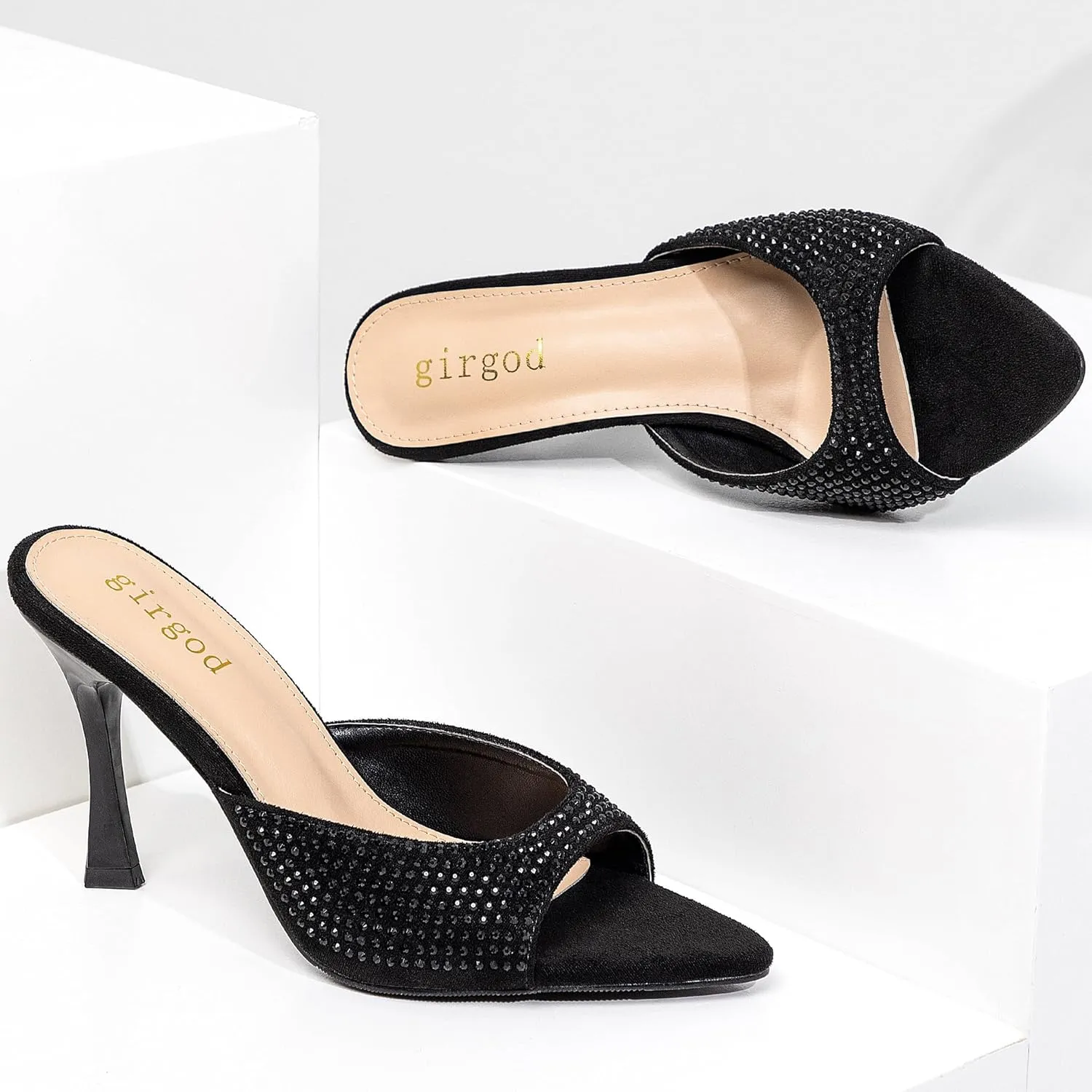 Rhinestone Heels for Women Open Pointed Toe Heels Sparkly Slip On Mule Heels Wedding Dressy Pumps