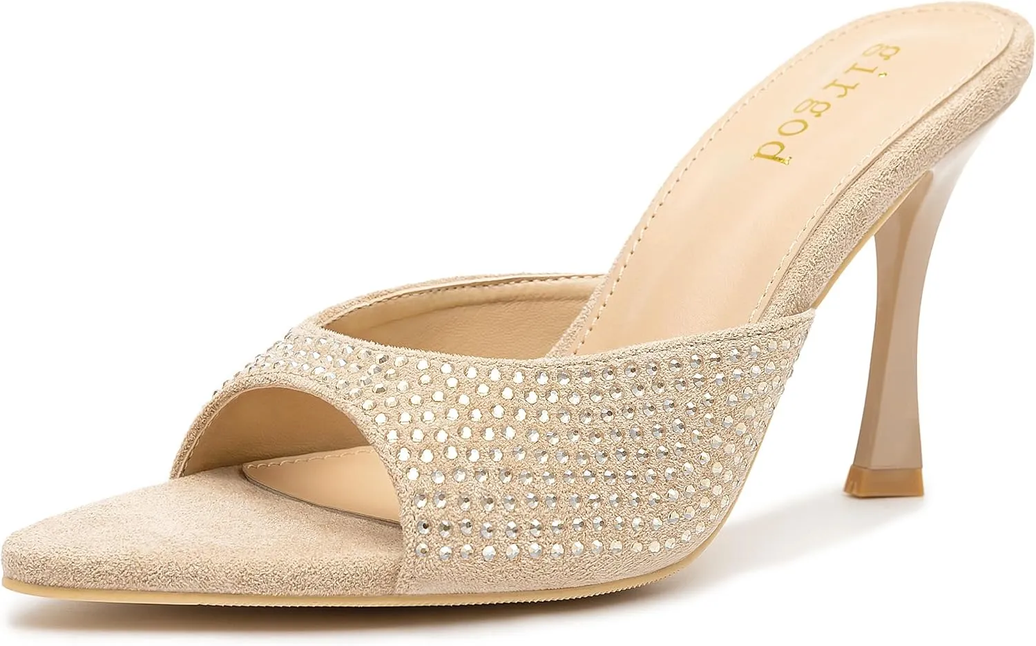 Rhinestone Heels for Women Open Pointed Toe Heels Sparkly Slip On Mule Heels Wedding Dressy Pumps