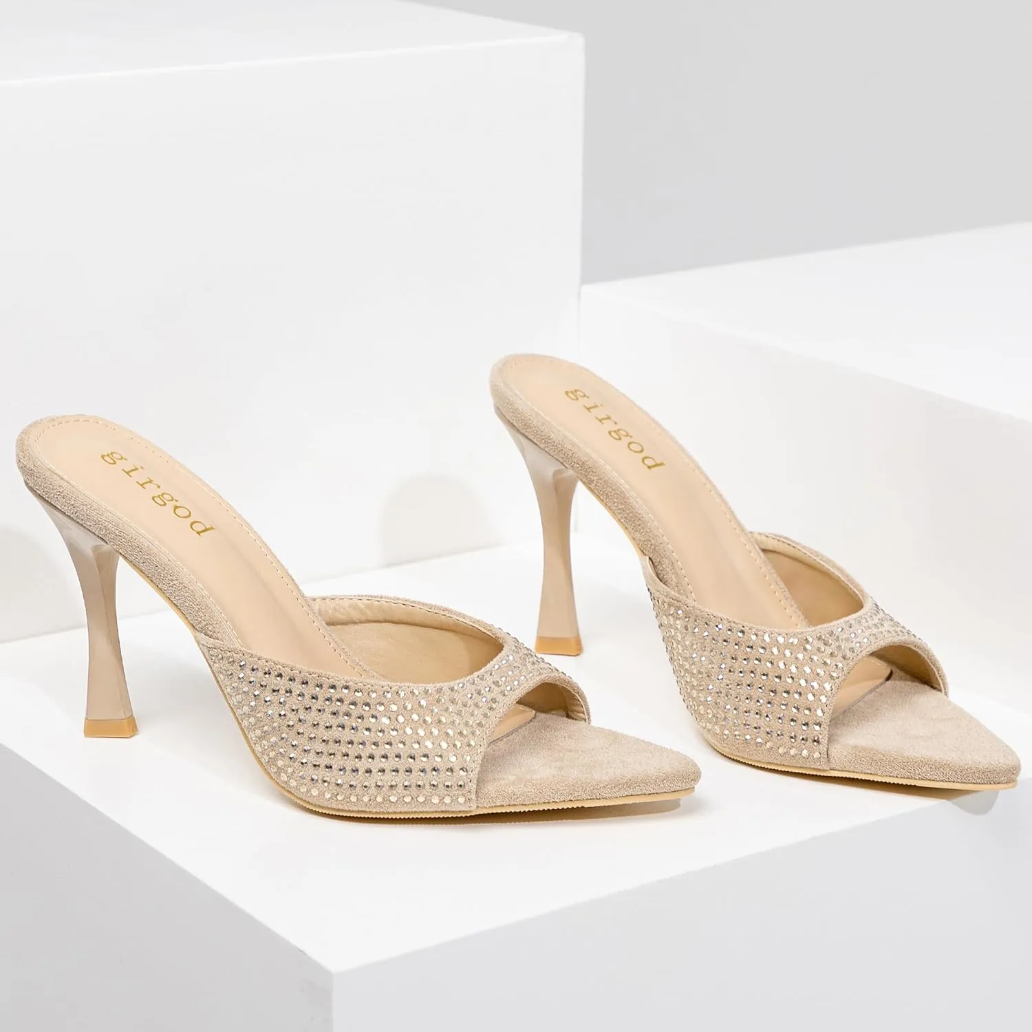 Rhinestone Heels for Women Open Pointed Toe Heels Sparkly Slip On Mule Heels Wedding Dressy Pumps