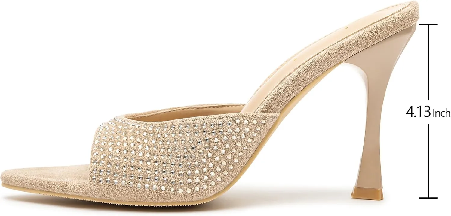 Rhinestone Heels for Women Open Pointed Toe Heels Sparkly Slip On Mule Heels Wedding Dressy Pumps