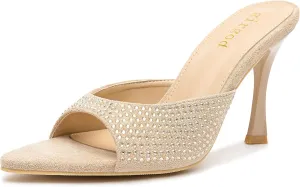 Rhinestone Heels for Women Open Pointed Toe Heels Sparkly Slip On Mule Heels Wedding Dressy Pumps