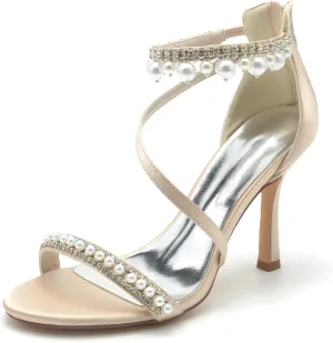 Roimaash Elegant Pearl Strap Wedding Sandals Stiletto Heels for Women