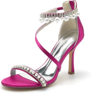 Roimaash Elegant Pearl Strap Wedding Sandals Stiletto Heels for Women