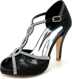 Roimaash Elegant Rhinestone Wedding Pumps Platform Peep Toe Embroidery