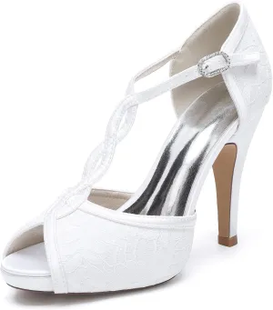 Roimaash Elegant Rhinestone Wedding Pumps Platform Peep Toe Embroidery