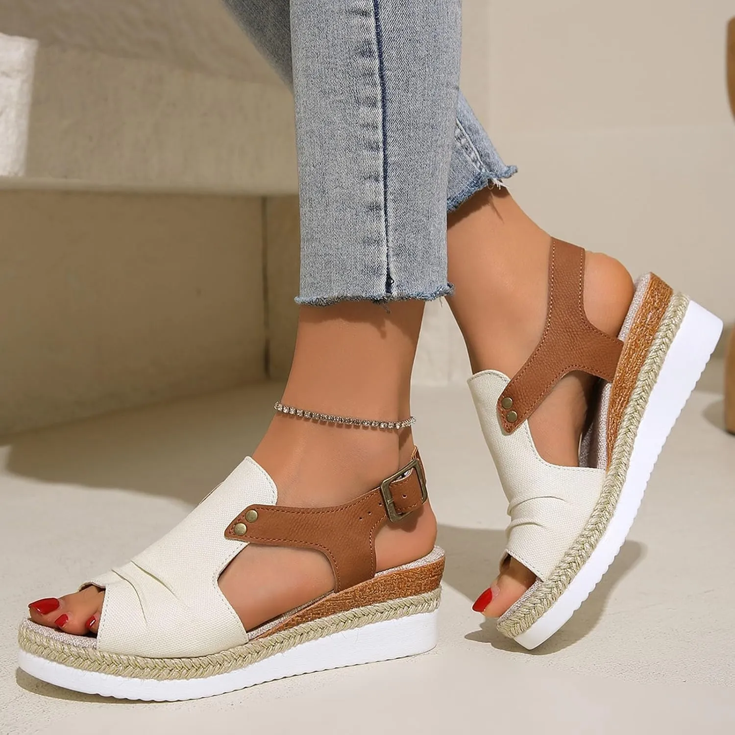 Sandals for Women 2024 Espadrilles Comfort Ladies Fish Mouth Breathable Bohemian Beach Buckle Women's Platform Sandals