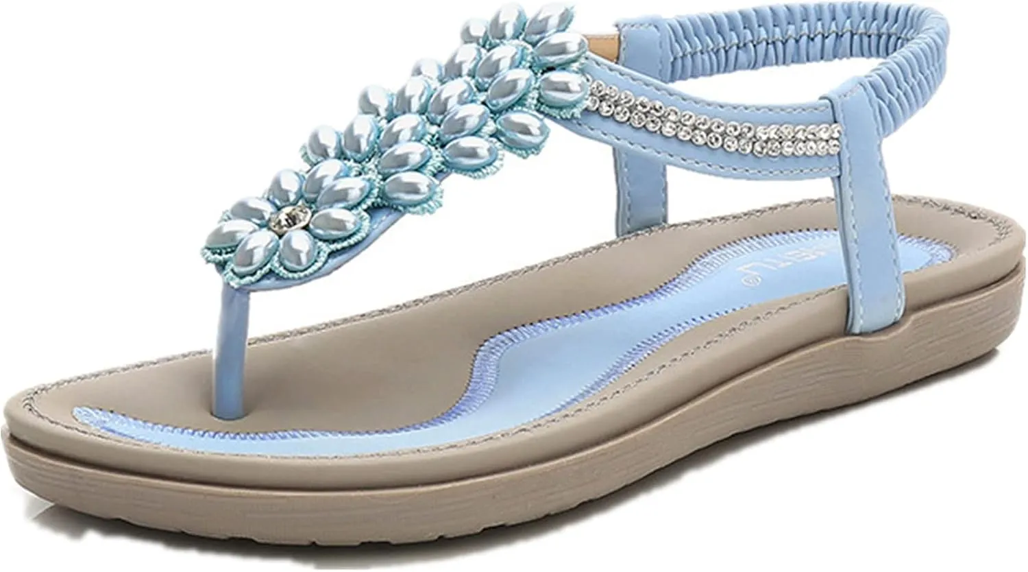 Sandals for Women Dressy,Womens Casual Summer Pearl Beaded Flip Flops Beach Comfortable Ankle T-Strap Flat Sandals Shoes