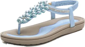 Sandals for Women Dressy,Womens Casual Summer Pearl Beaded Flip Flops Beach Comfortable Ankle T-Strap Flat Sandals Shoes