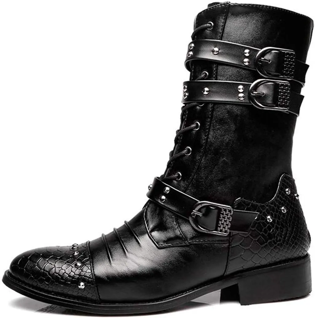 Santimon Men's Boots Retro Studded Rivet Buckle Zipper Western Motorcycle Combat Boot Heavy Metal Punk Rock Black