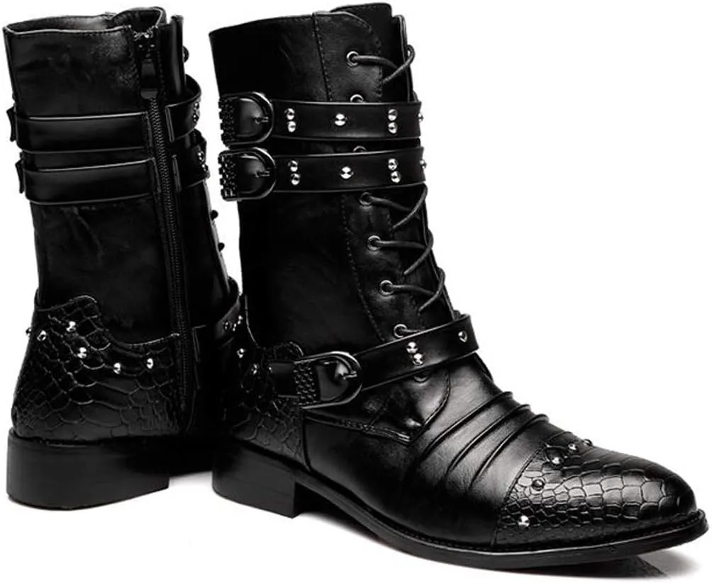 Santimon Men's Boots Retro Studded Rivet Buckle Zipper Western Motorcycle Combat Boot Heavy Metal Punk Rock Black
