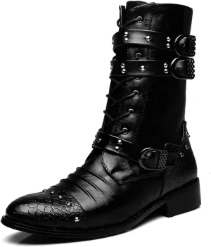 Santimon Men's Boots Retro Studded Rivet Buckle Zipper Western Motorcycle Combat Boot Heavy Metal Punk Rock Black