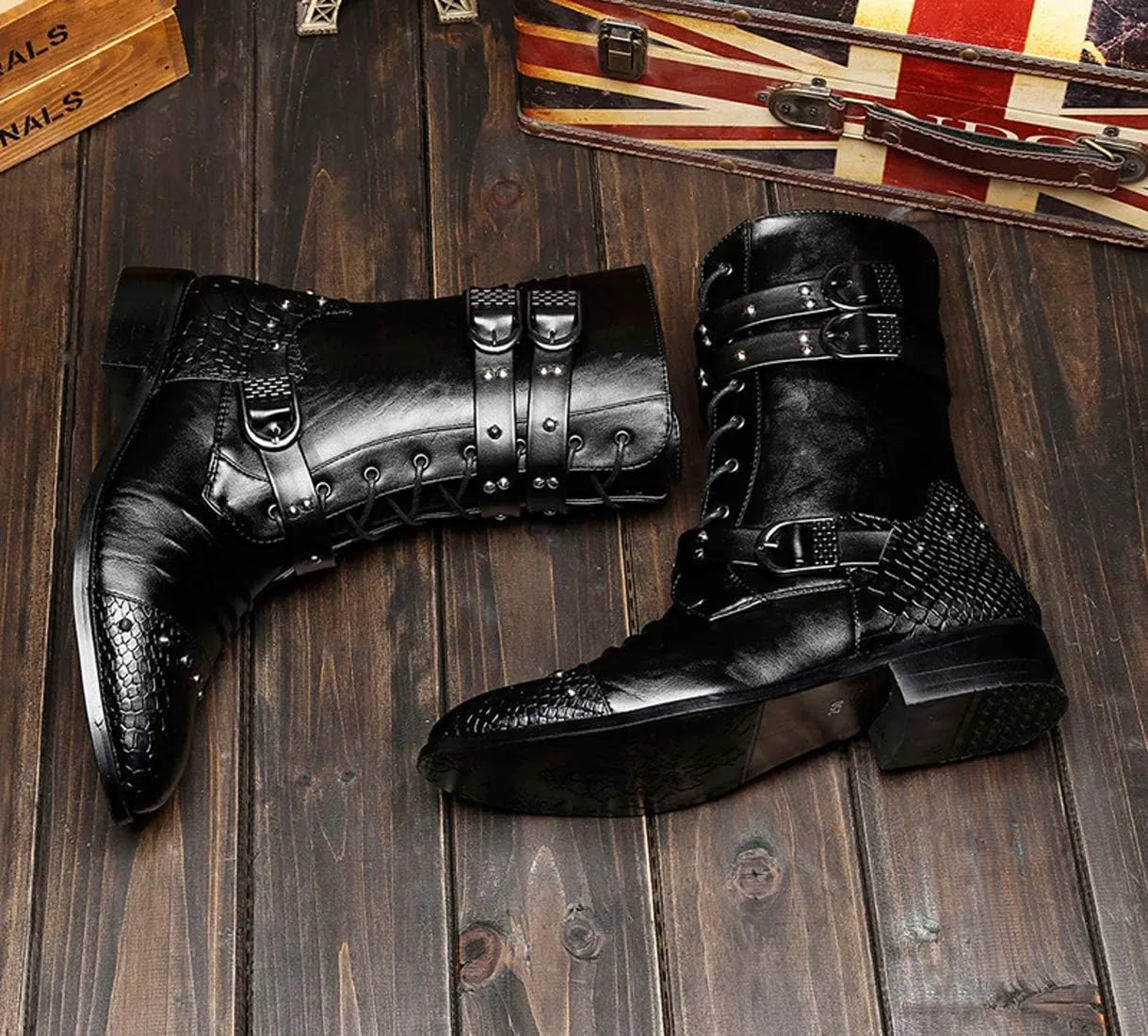 Santimon Men's Boots Retro Studded Rivet Buckle Zipper Western Motorcycle Combat Boot Heavy Metal Punk Rock Black
