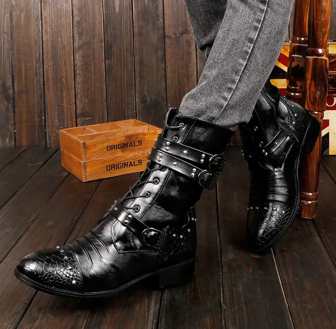 Santimon Men's Boots Retro Studded Rivet Buckle Zipper Western Motorcycle Combat Boot Heavy Metal Punk Rock Black