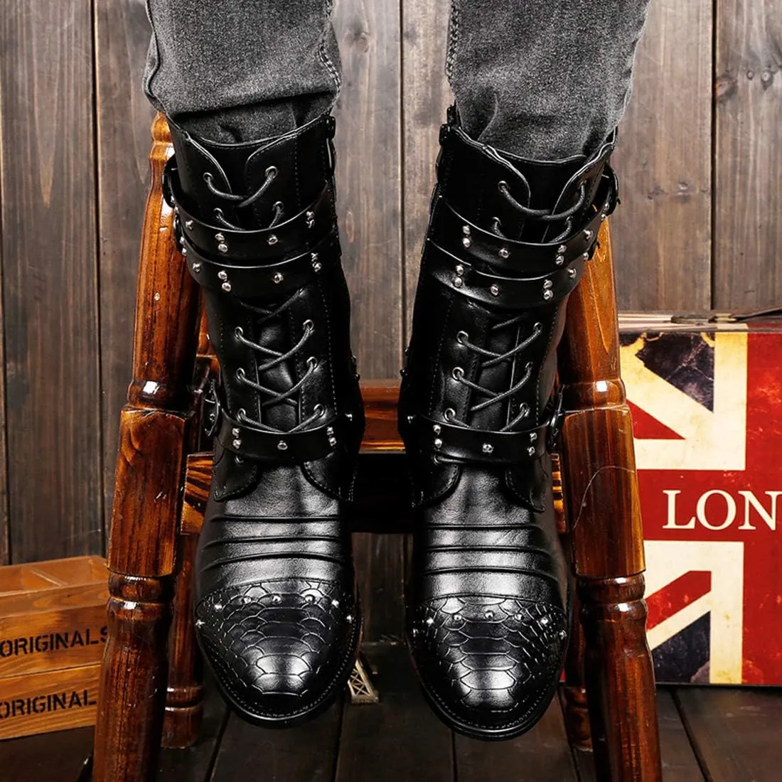 Santimon Men's Boots Retro Studded Rivet Buckle Zipper Western Motorcycle Combat Boot Heavy Metal Punk Rock Black