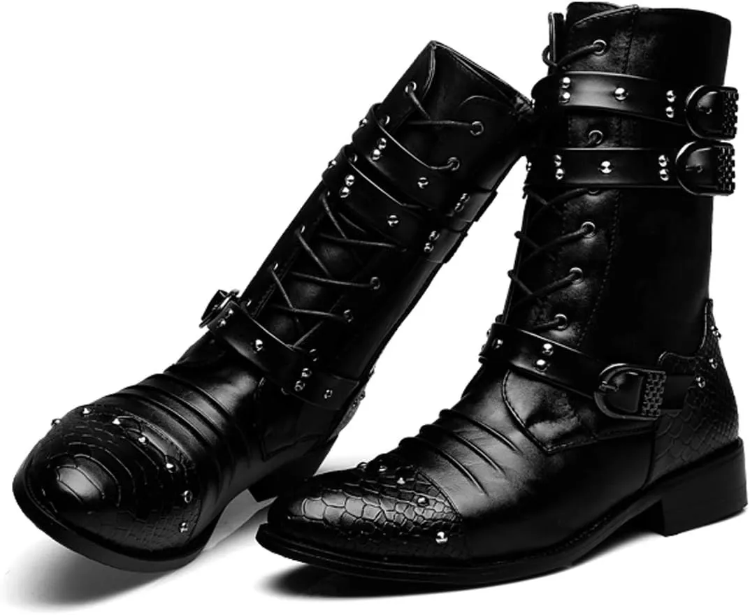 Santimon Men's Boots Retro Studded Rivet Buckle Zipper Western Motorcycle Combat Boot Heavy Metal Punk Rock Black